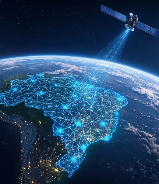 Satélite iluminando uma malha digital sobre o Brasil, representando a infraestrutura de distribuição da Mileto